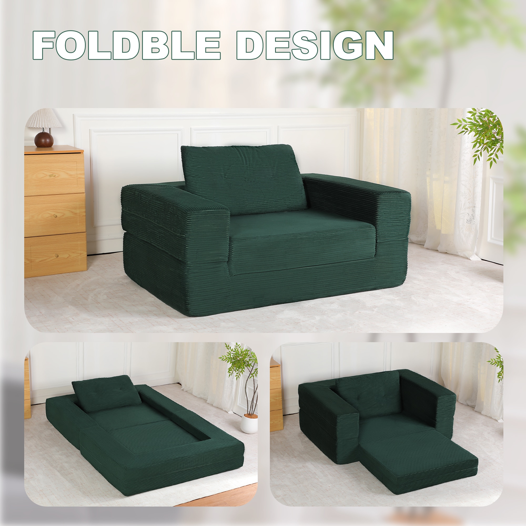 Compression Human Dog Sofa Bed For Adult & Pets,Modern Floor Couch With Pillow For Living Room Bedroom,Corduroy Fabric,No Assembly Required, Dark Green_maomaolike.com